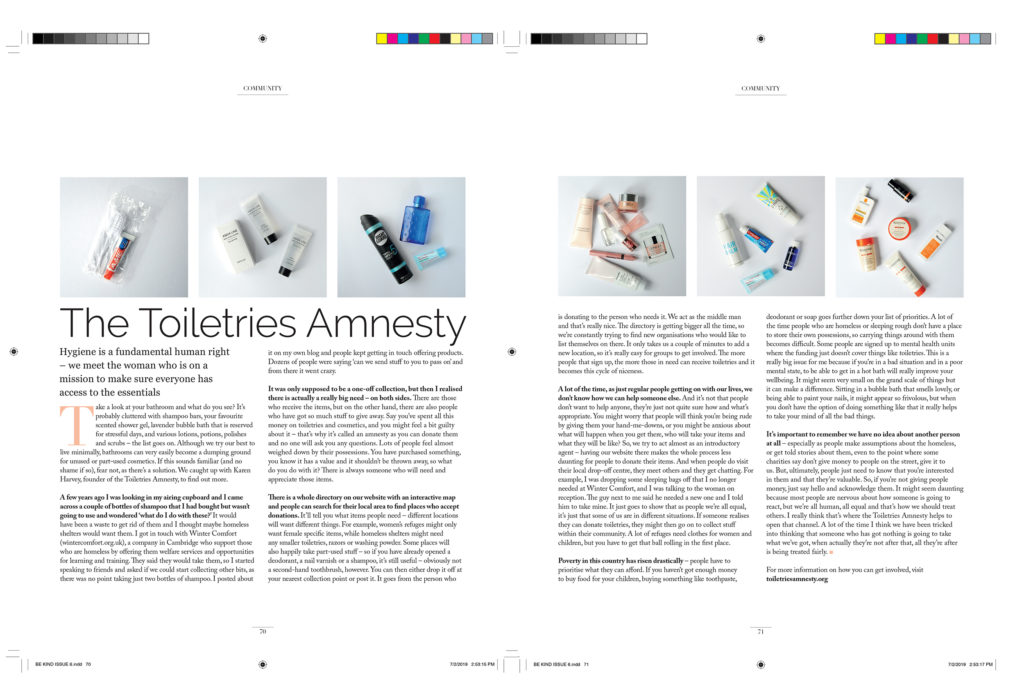 double page spread of magazine story about Toiletries Amnesty